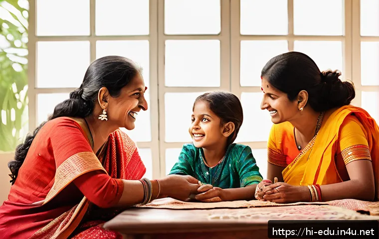 아이들의 소통 능력 향상 - A warm, lively family scene in a cozy Indian home where parents and children are sitting together ar...