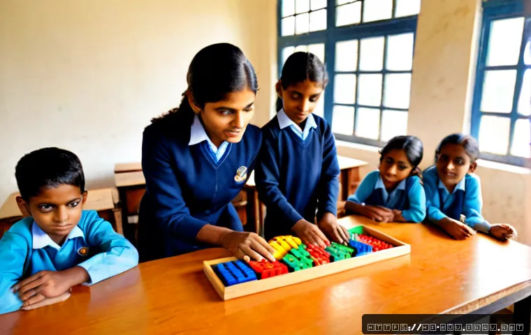 어린이 커리큘럼 - Photorealistic classroom scene in India, a warm and patient female teacher guiding a small group of ...