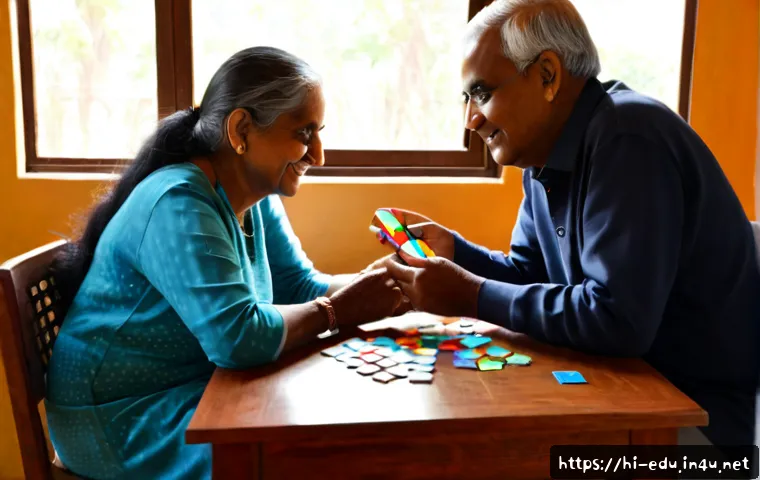 시니어 뇌 활성화 프로그램 - Photorealistic Indian senior woman and man seated at a clean sunlit table, collaboratively arranging...